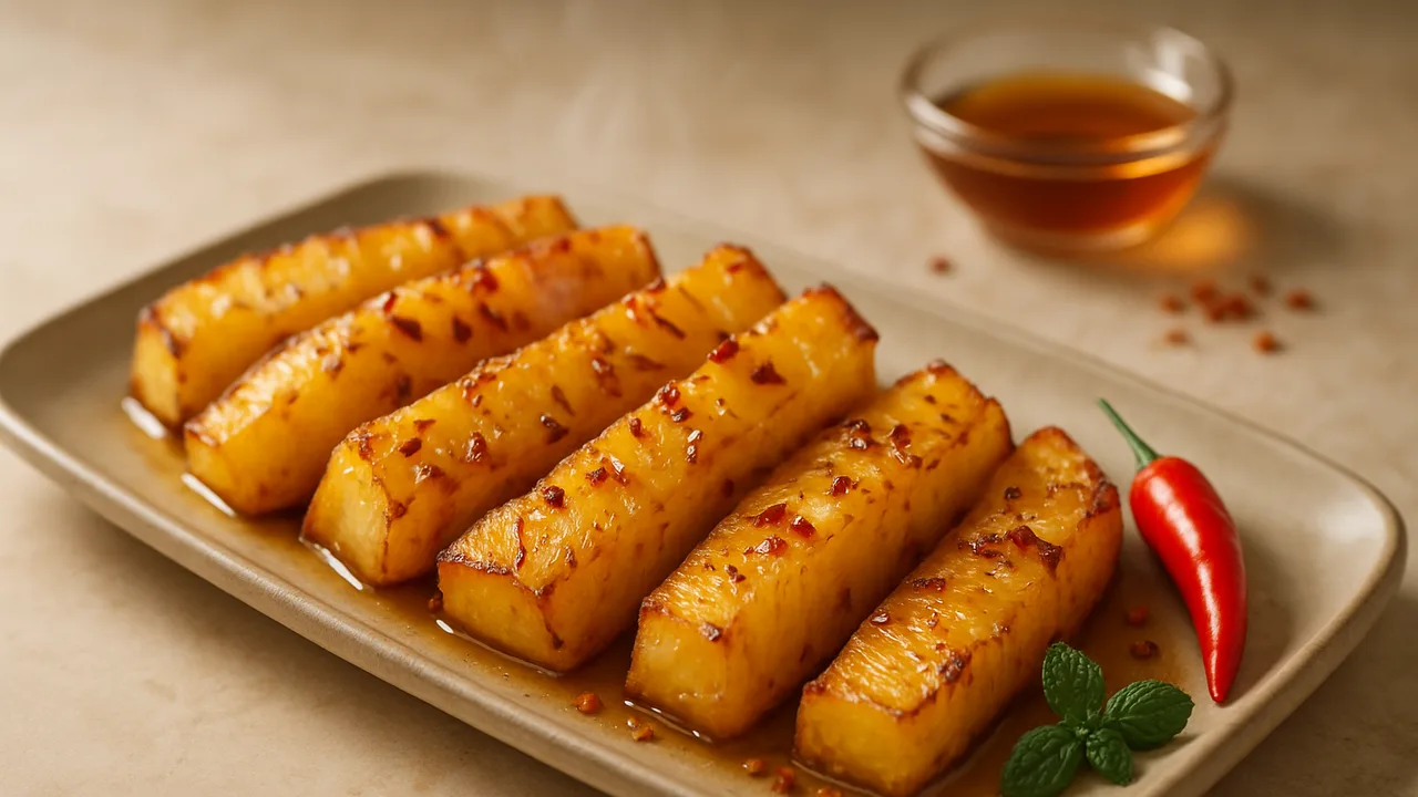 Süß-scharfe Ananas mit Chili aus dem Airfryer mit Ananas und Chiliflocken, auf beigem Marmor angerichtet.