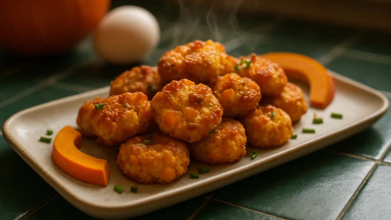 Süß-scharfe Ei Nuggets mit Kürbis aus dem Airfryer mit Eier und Ei, auf dunkelgrünen Fliesen angerichtet.