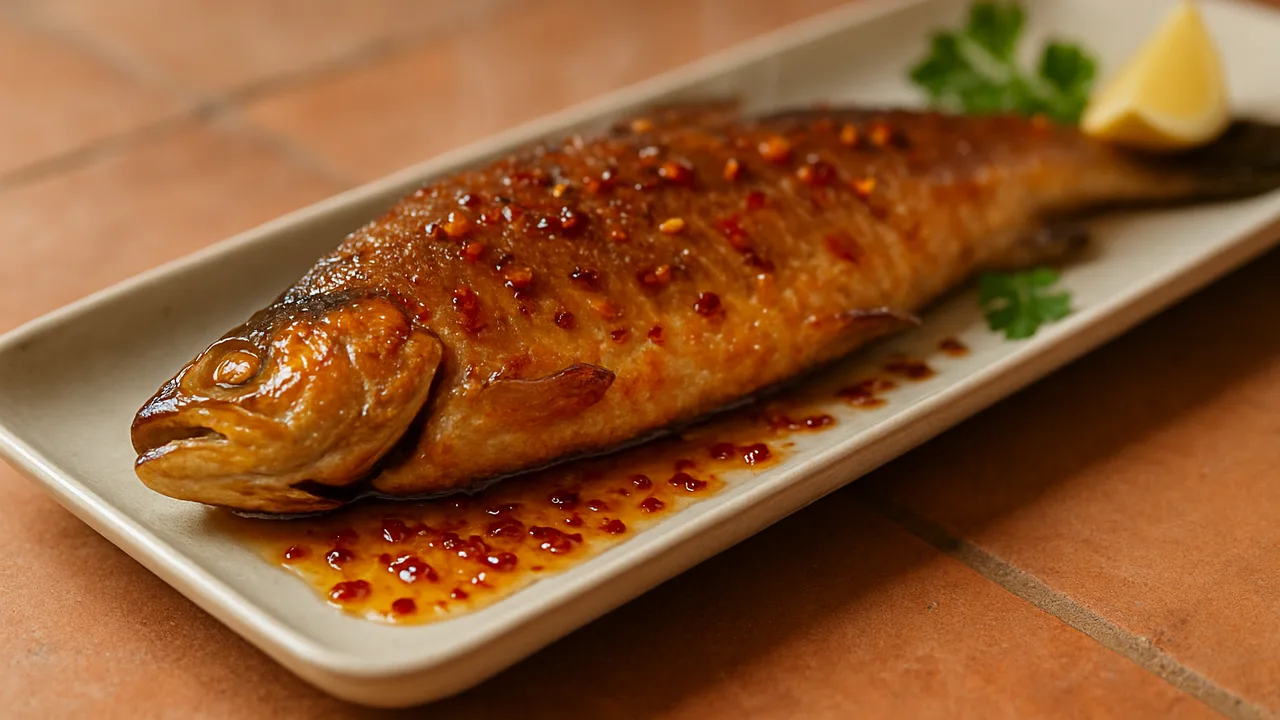 Süß-scharfe Forelle mit Chili aus dem Airfryer mit Forelle, küchenfertig und Honig, auf Terracotta-Fliesen angerichtet.
