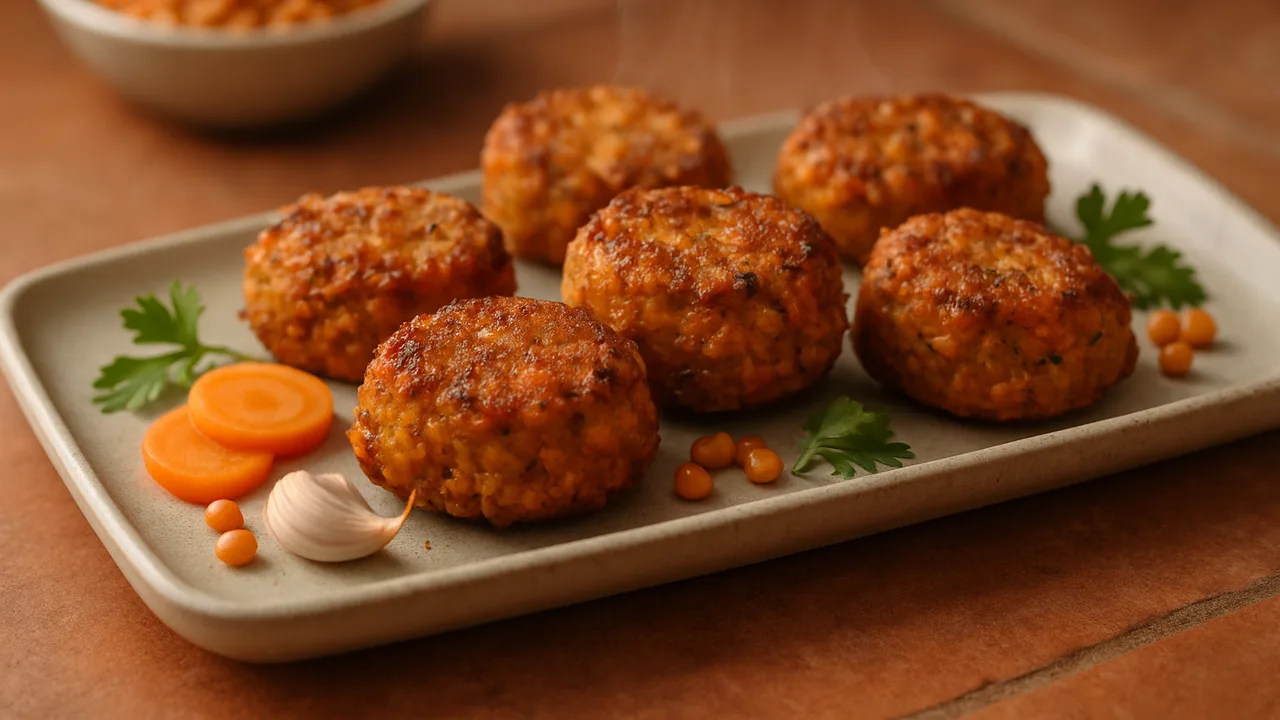 Süß-scharfe Linsen-Nuggets mit Karotten aus dem Airfryer mit gekochte rote Linsen und Zwiebel, auf Terracotta-Fliesen …