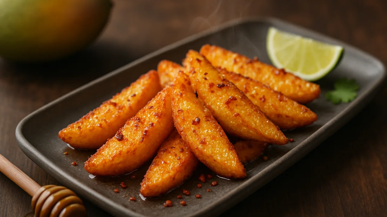 Süß-scharfe Mango mit Chili und Limette aus dem Airfryer mit Mango und Honig, auf dunklem Walnussholz angerichtet.