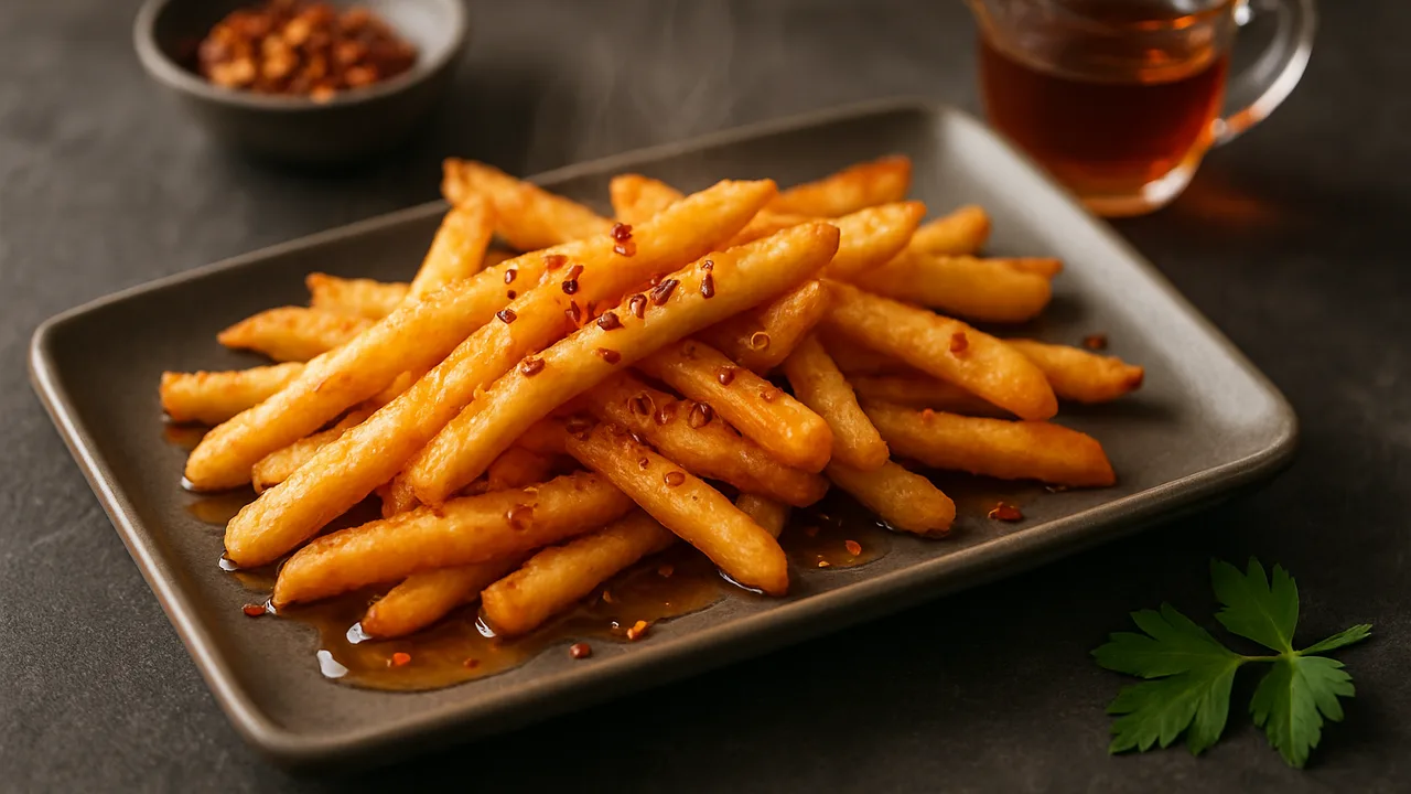 Süß-scharfe Pommes mit Ahornsirup aus dem Airfryer mit Pommes frites (TK) und Ahornsirup, auf dunklem Schiefer angerichtet.