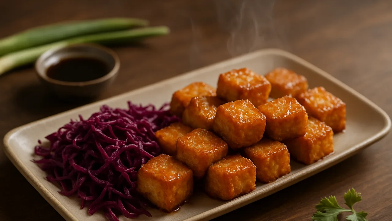 Süß-scharfe Tofu Nuggets mit Rotkohl aus dem Airfryer mit Tofu und Sojasauce, auf dunklem Walnussholz angerichtet.