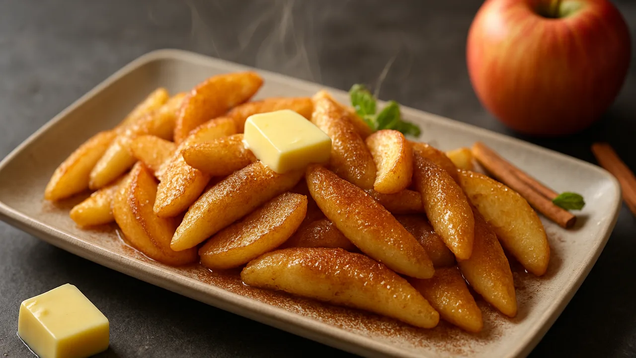 Süße Schupfnudeln mit Apfel und Zimt aus dem Airfryer mit Schupfnudeln und Äpfel, auf dunklem Schiefer angerichtet.