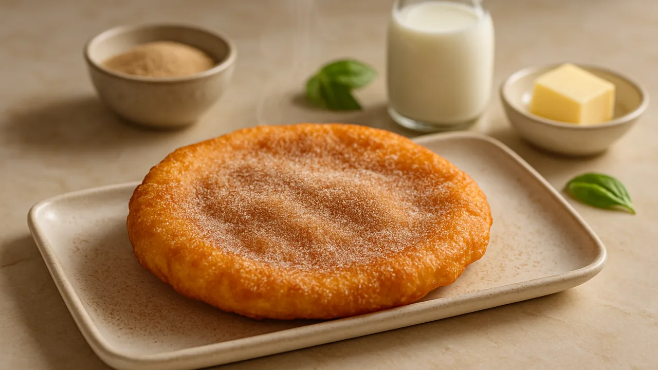 Süßer Langos mit Zimtzucker aus dem Airfryer mit Trockenhefe und Milch, auf beigem Marmor angerichtet.