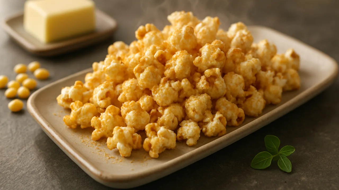Süßes Popcorn mit Zucker aus dem Airfryer mit Popcornmais und Butter, auf dunklem Schiefer angerichtet.
