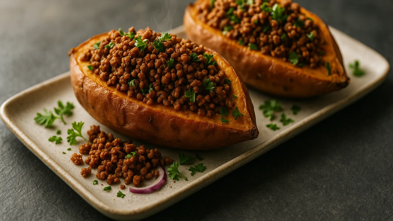 Süßkartoffel gefüllt mit Veggie-Hack und Kräutern aus dem Airfryer mit Süßkartoffeln und Veggie-Hack, auf dunklem Schiefer …