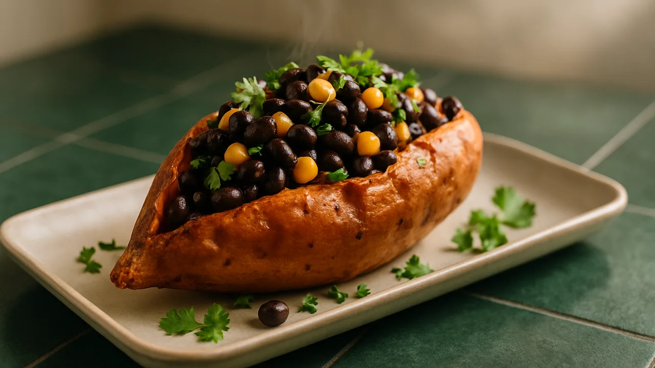 Süßkartoffel gefüllt mit Schwarzen Bohnen und Kräutern aus dem Airfryer mit Süßkartoffeln und schwarze Bohnen, auf …