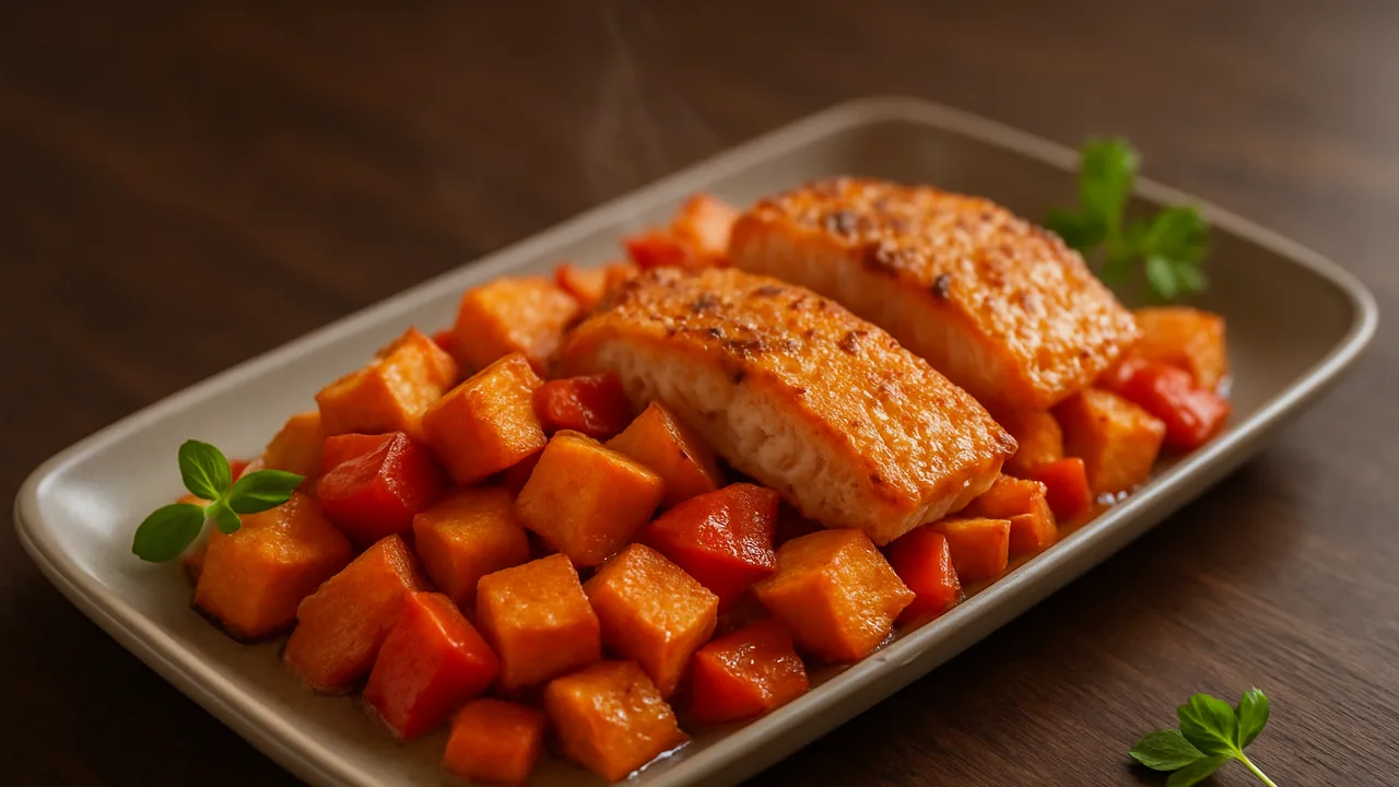 Süßkartoffel-Lachs Auflauf aus dem Airfryer mit Süßkartoffel und Lachsfilet, auf dunklem Walnussholz angerichtet.