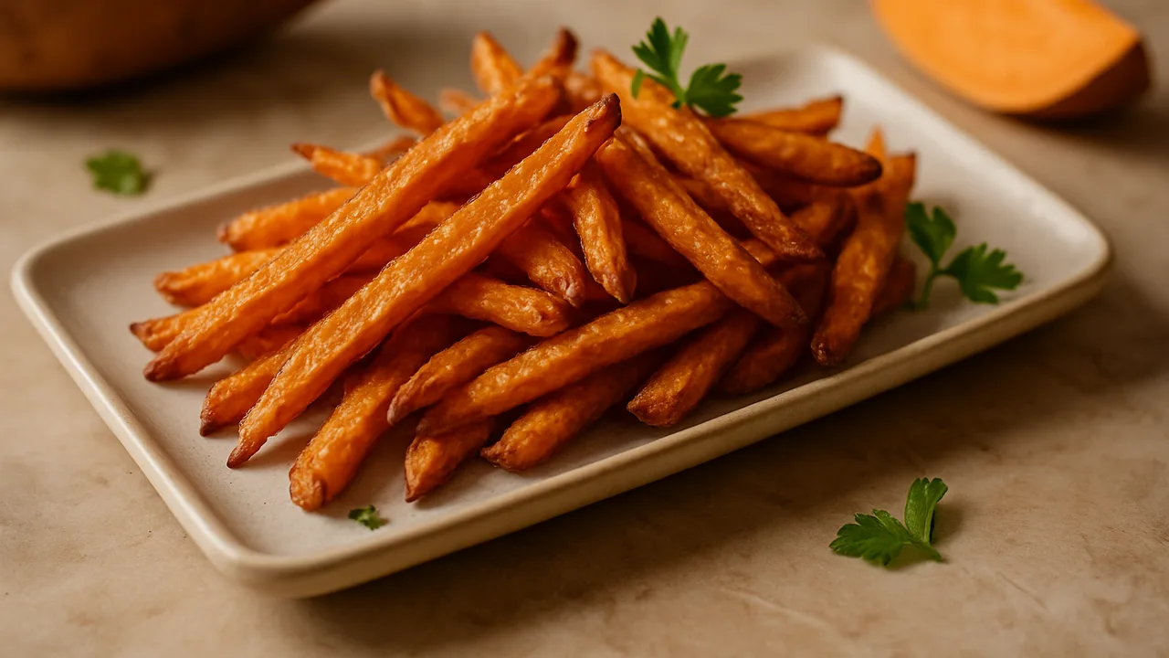 Süßkartoffel-Pommes extra knusprig aus dem Airfryer mit Süßkartoffeln, auf beigem Marmor angerichtet.