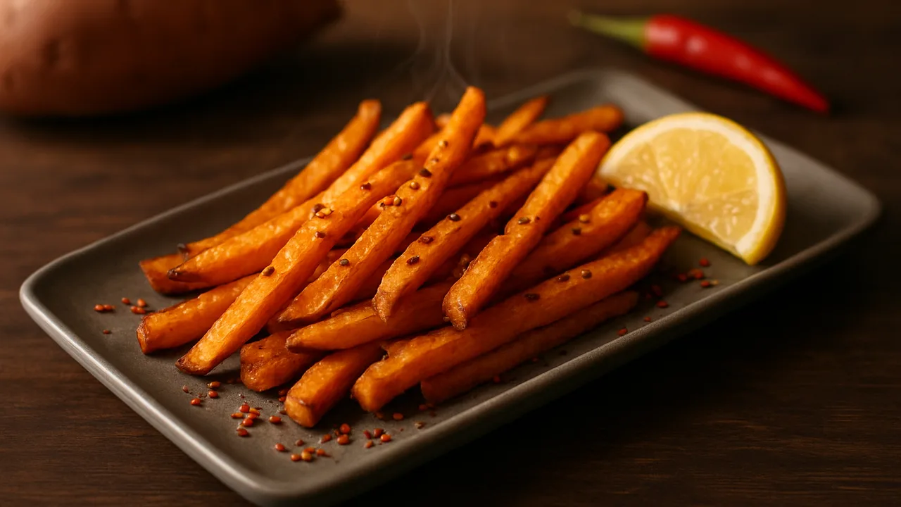 Süßkartoffel-Pommes mit Chili und Zitrone aus dem Airfryer mit Süßkartoffel und Chiliflocken, auf dunklem Walnussholz …