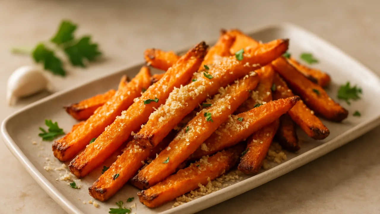 Süßkartoffel-Pommes mit Parmesan-Kruste aus dem Airfryer mit Süßkartoffel und Parmesan, gerieben, auf beigem Marmor …
