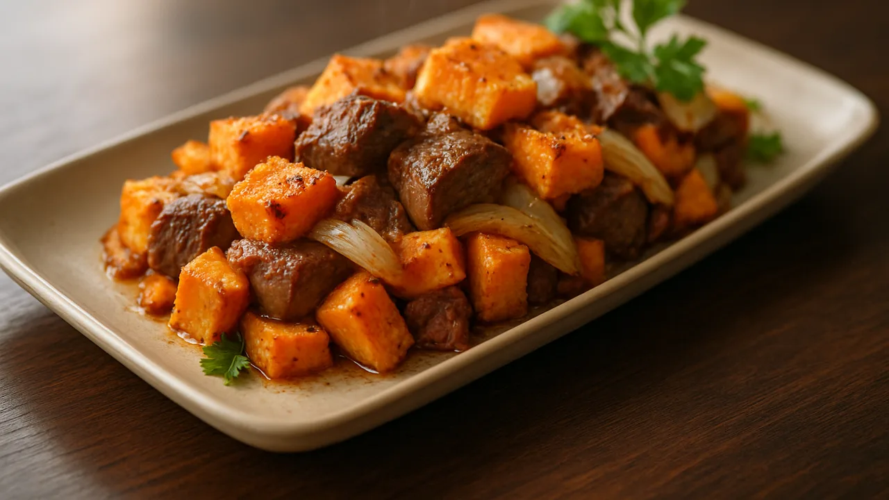 Süßkartoffel-Rinderfilet Auflauf aus dem Airfryer mit Rinderfilet und Süßkartoffel, auf dunklem Walnussholz angerichtet.