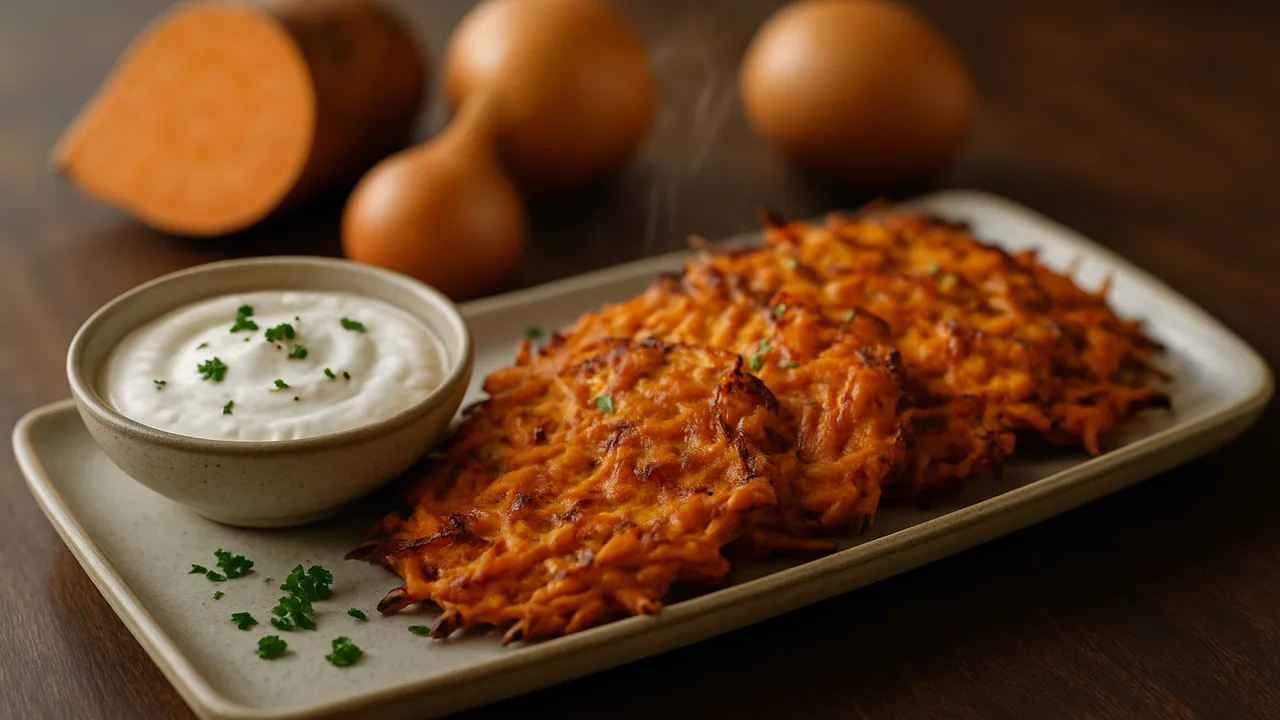 Süßkartoffel-Rösti mit Joghurt-Dip aus dem Airfryer mit Süßkartoffeln und Zwiebel, auf dunklem Walnussholz angerichtet.