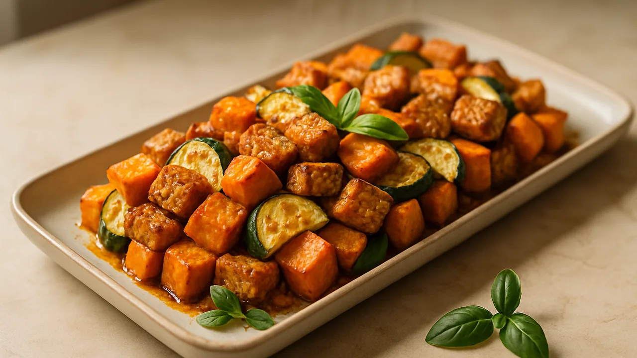Süßkartoffel-Tempeh Auflauf aus dem Airfryer mit Süßkartoffel und Tempeh, auf beigem Marmor angerichtet.