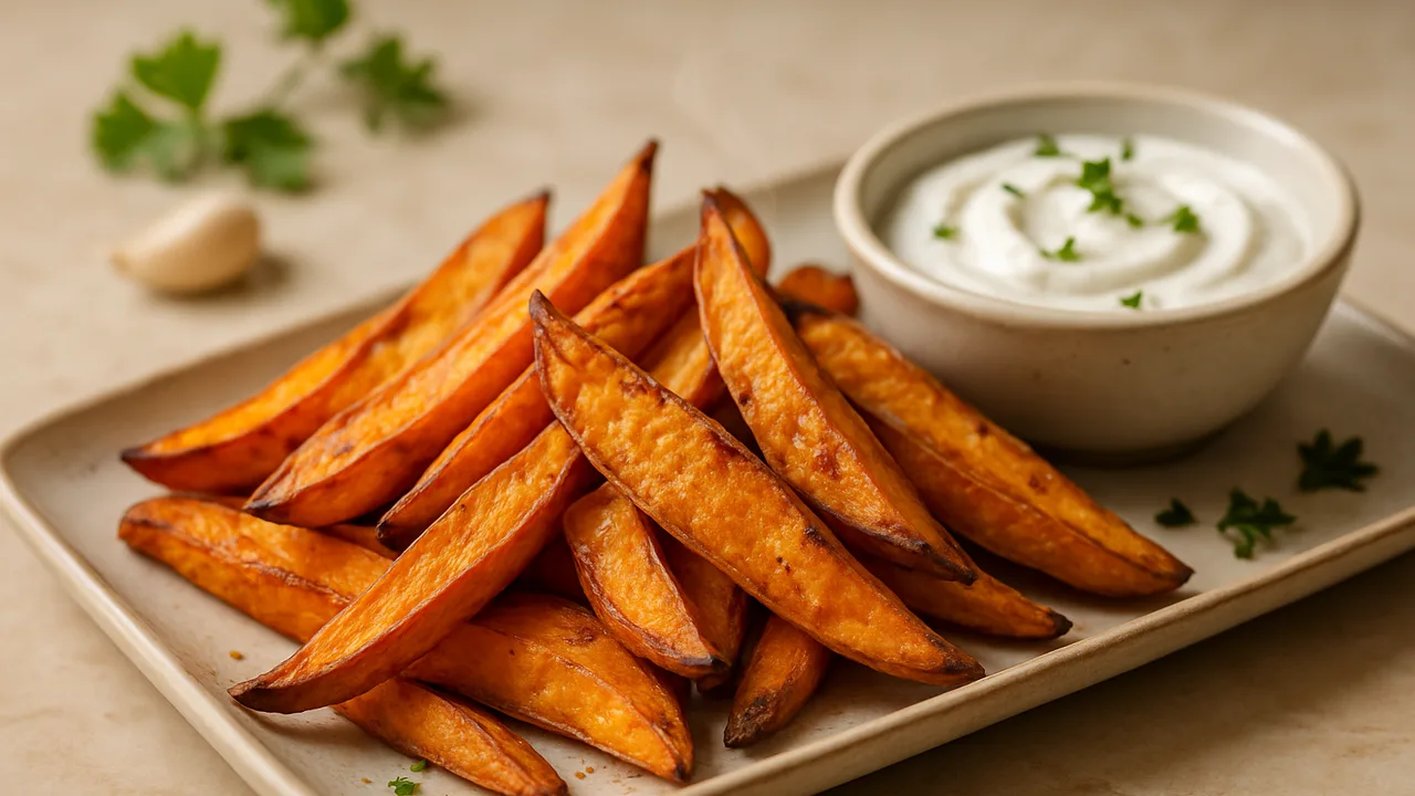 Süßkartoffel-Wedges mit Joghurt-Dip aus dem Airfryer mit Süßkartoffel und Knoblauchpulver, auf beigem Marmor angerichtet.