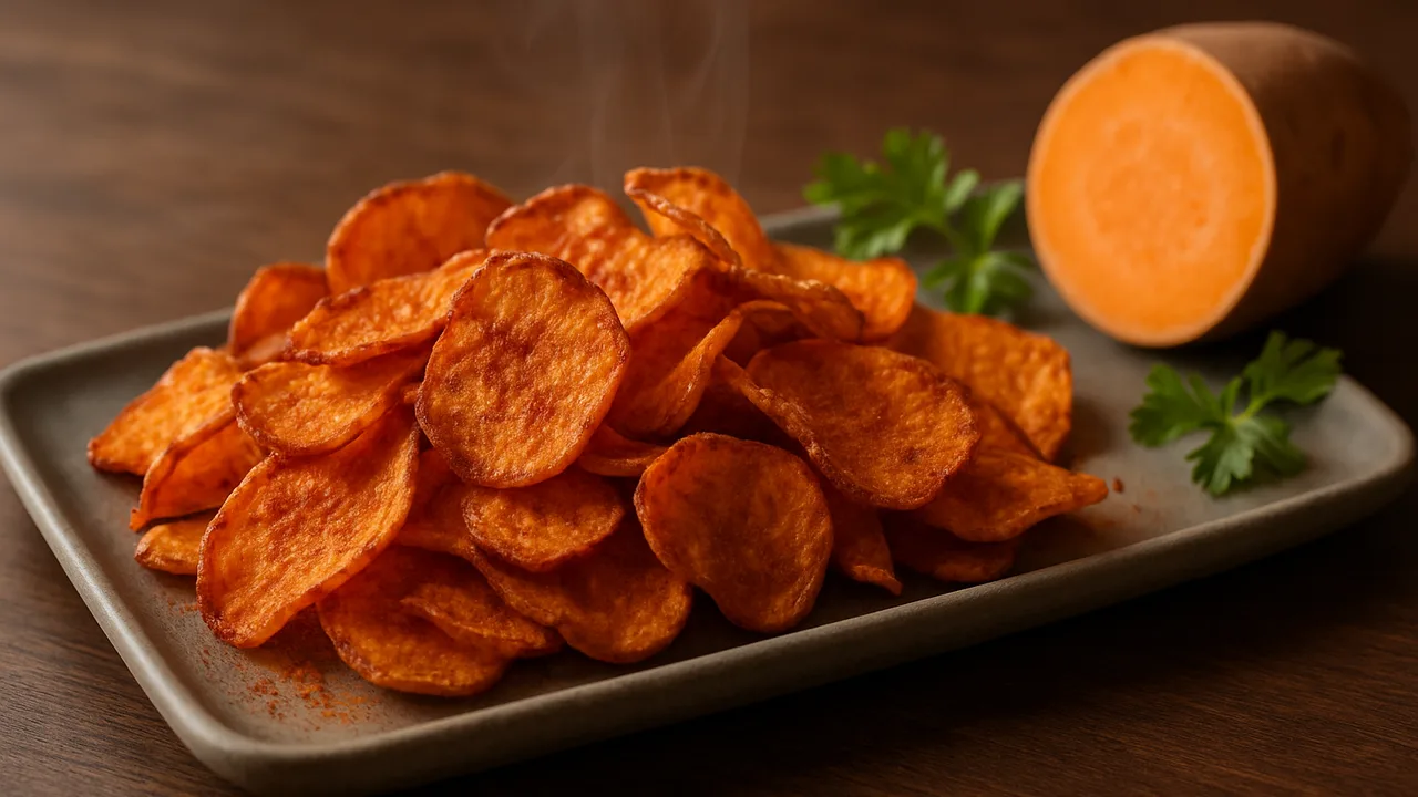 Süßkartoffelchips mit Paprikapulver aus dem Airfryer mit Süßkartoffel, auf dunklem Walnussholz angerichtet.