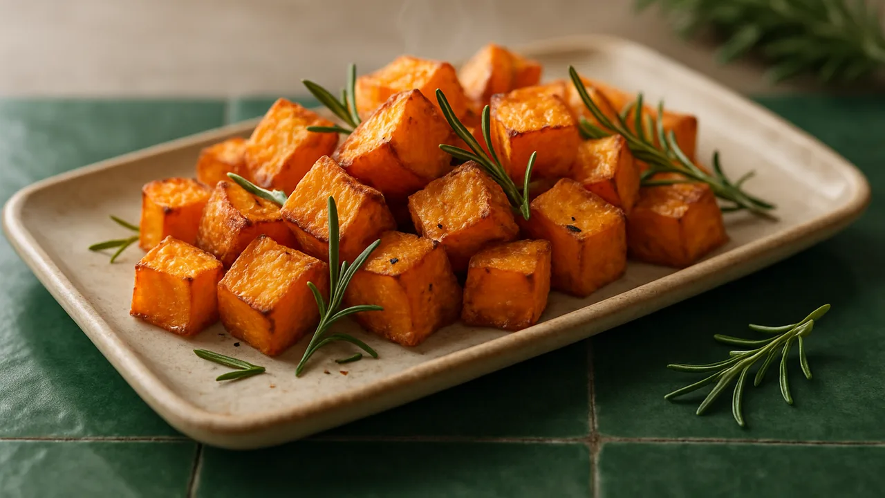 Süßkartoffelwürfel mit Rosmarin aus dem Airfryer mit Süßkartoffeln und Rosmarin, auf dunkelgrünen Fliesen angerichtet.