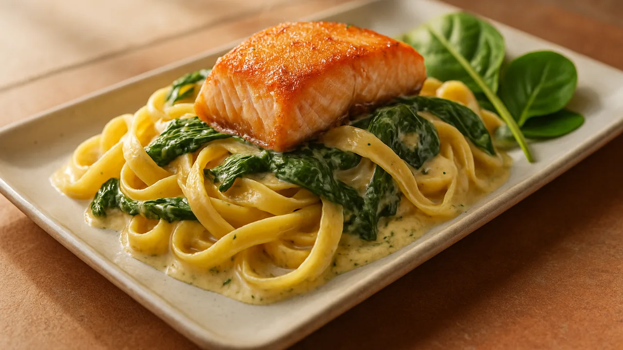 Tagliatelle mit Lachs und Spinat in Sahnesauce aus dem Airfryer mit Tagliatelle und Lachsfilet, auf Terracotta-Fliesen …