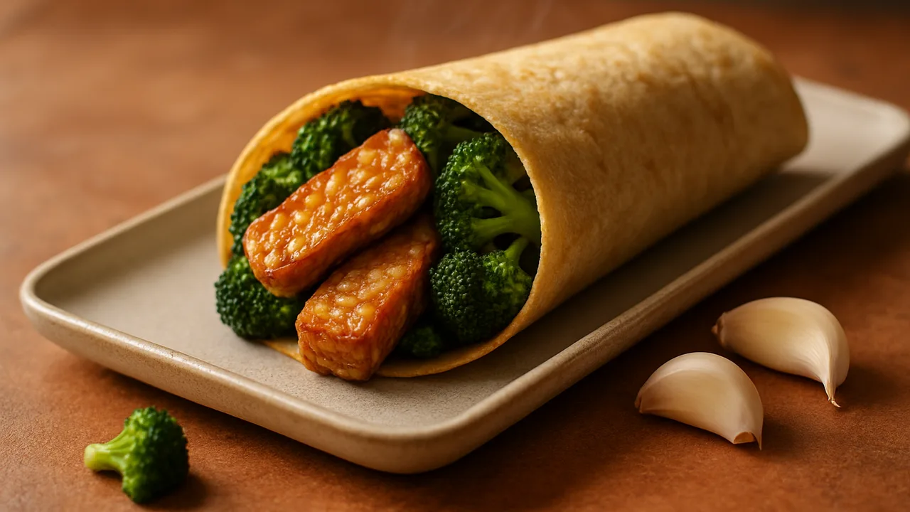 Tempeh-Brokkoli Wrap aus dem Airfryer mit Tempeh und Brokkoli, auf Terracotta-Fliesen angerichtet.