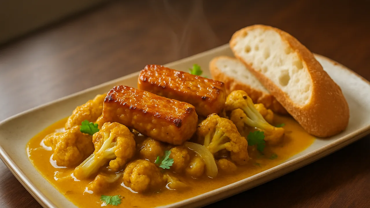 Tempeh Curry mit Blumenkohl und Baguette aus dem Airfryer mit Tempeh und Blumenkohl, auf dunklem Walnussholz angerichtet.