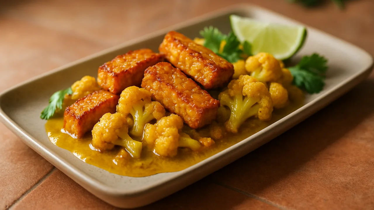 Tempeh Curry mit Blumenkohl aus dem Airfryer mit Tempeh und Blumenkohl, auf Terracotta-Fliesen angerichtet.