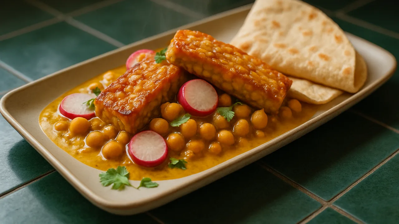 Tempeh Curry mit Radieschen und Tortilla aus dem Airfryer mit Tempeh und Radieschen, auf dunkelgrünen Fliesen angerichtet.