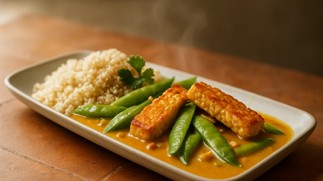 Tempeh Curry mit Zuckerschoten und Couscous aus dem Airfryer mit Tempeh und Zuckerschoten, auf Terracotta-Fliesen …