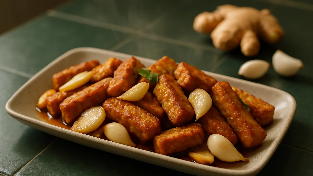 Tempeh-Ingwer-Pfanne aus dem Airfryer mit Tempeh und Ingwer, auf dunkelgrünen Fliesen angerichtet.