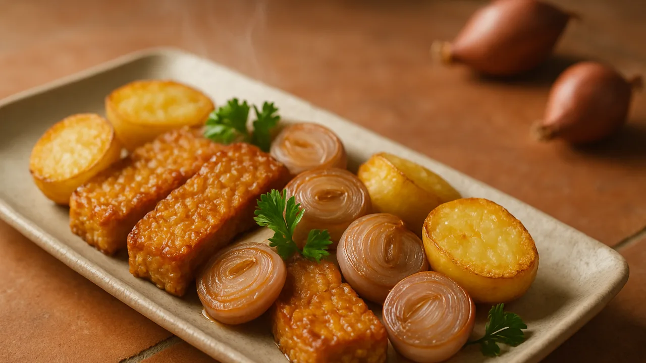 Klassisch deutsches Tempeh mit Schalotten aus dem Airfryer mit Tempeh und Kartoffeln, auf Terracotta-Fliesen angerichtet.