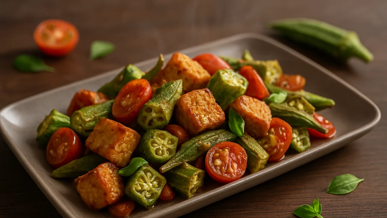 Tempeh-Okra-Pfanne aus dem Airfryer mit Tempeh und Okra, auf dunklem Walnussholz angerichtet.