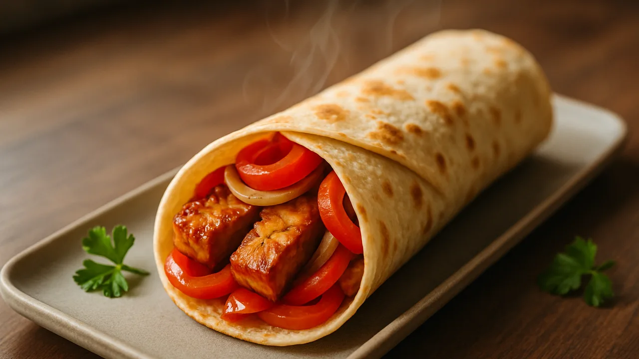 Tempeh-Paprika Wrap aus dem Airfryer mit Tempeh und Paprika, auf dunklem Walnussholz angerichtet.
