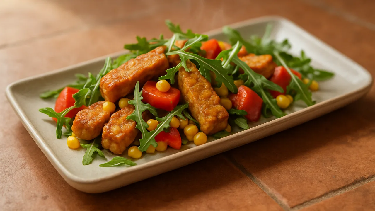 Tempeh-Rucola-Pfanne aus dem Airfryer mit Tempeh und Paprika, auf Terracotta-Fliesen angerichtet.