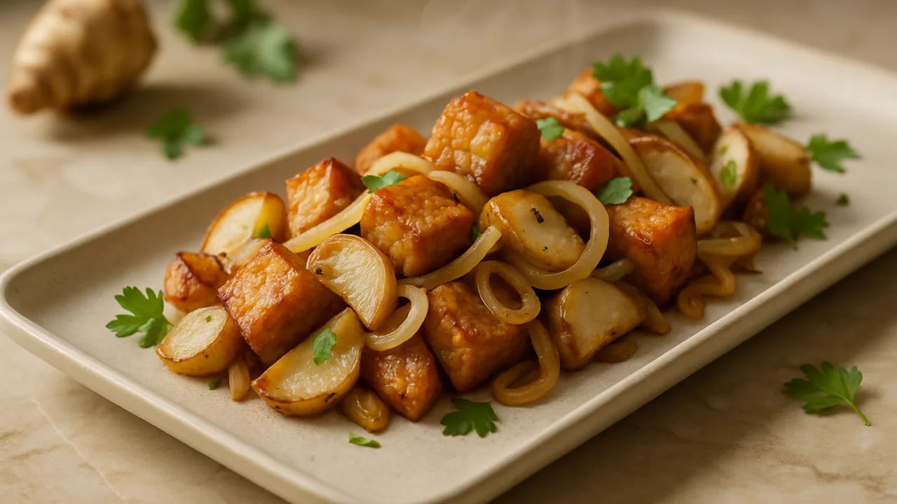 Tempeh-Topinambur-Pfanne aus dem Airfryer mit Tempeh und Topinambur, auf beigem Marmor angerichtet.