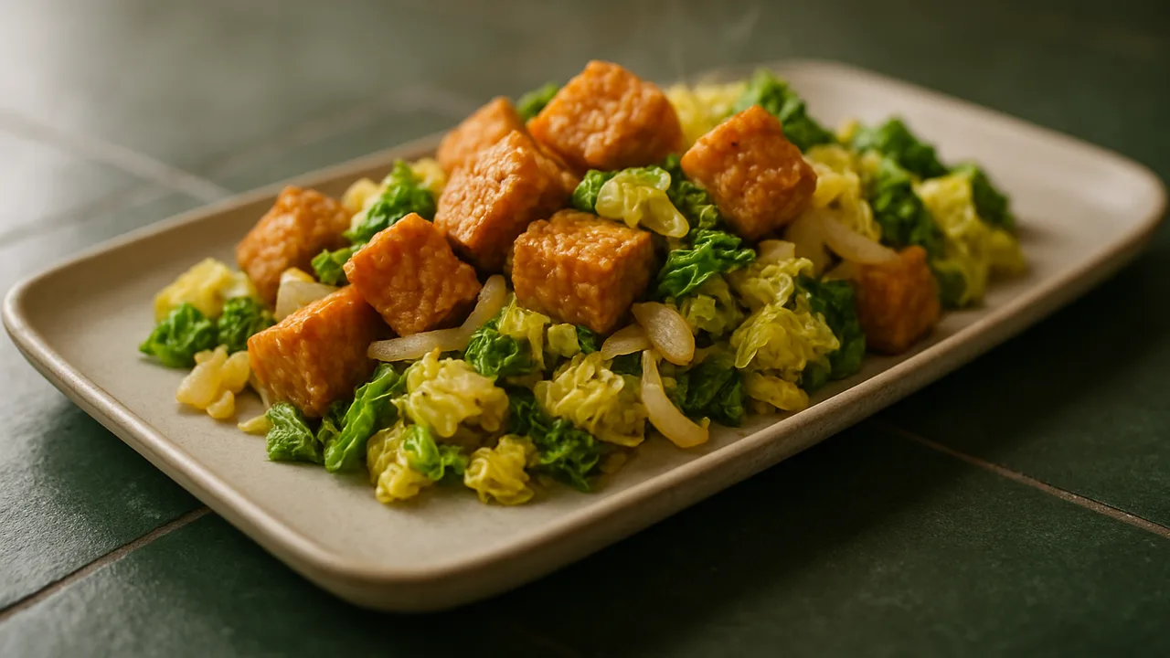 Tempeh-Wirsing-Pfanne aus dem Airfryer mit Tempeh und Wirsing, auf dunkelgrünen Fliesen angerichtet.