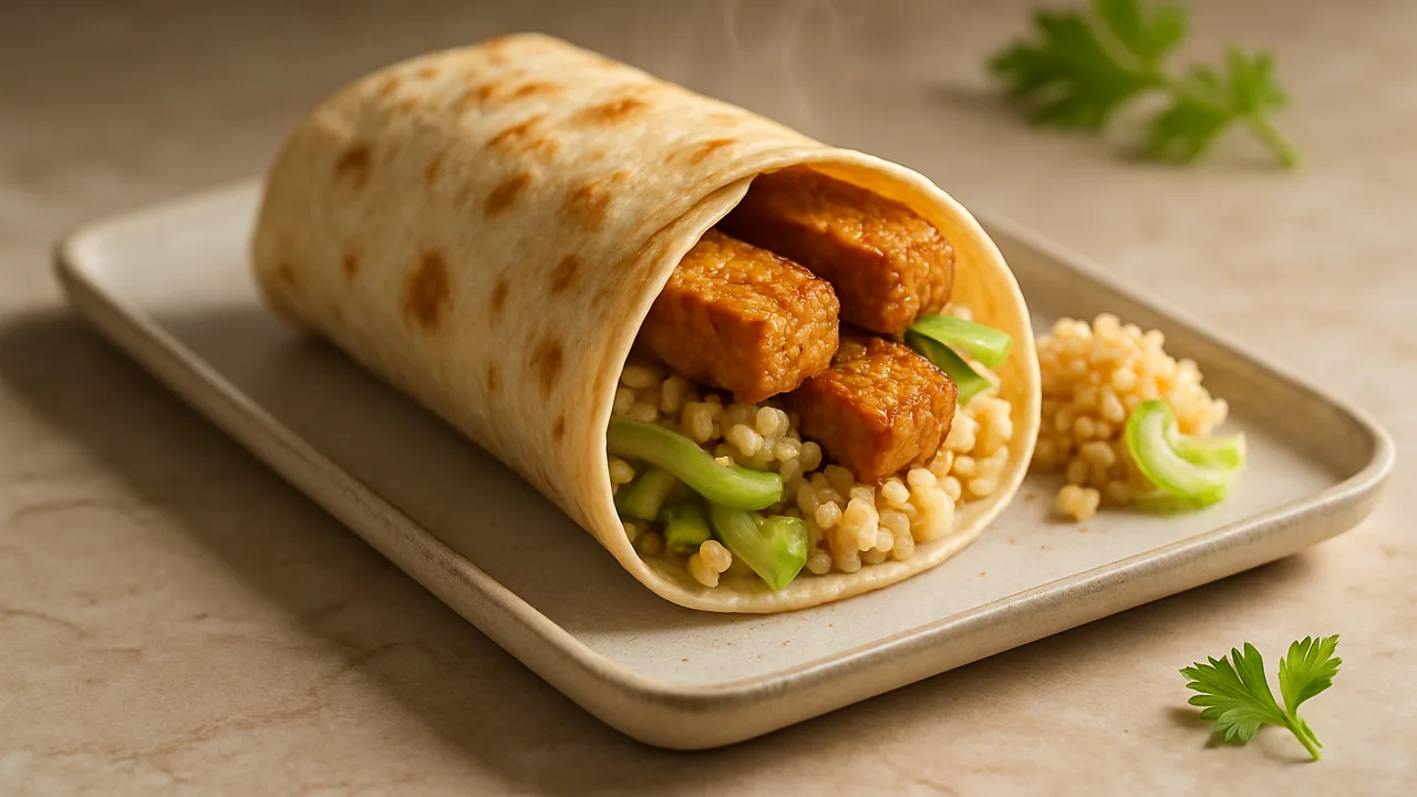 Tempeh Wrap mit Sellerie und Bulgur aus dem Airfryer mit Tempeh und Sellerie, auf beigem Marmor angerichtet.