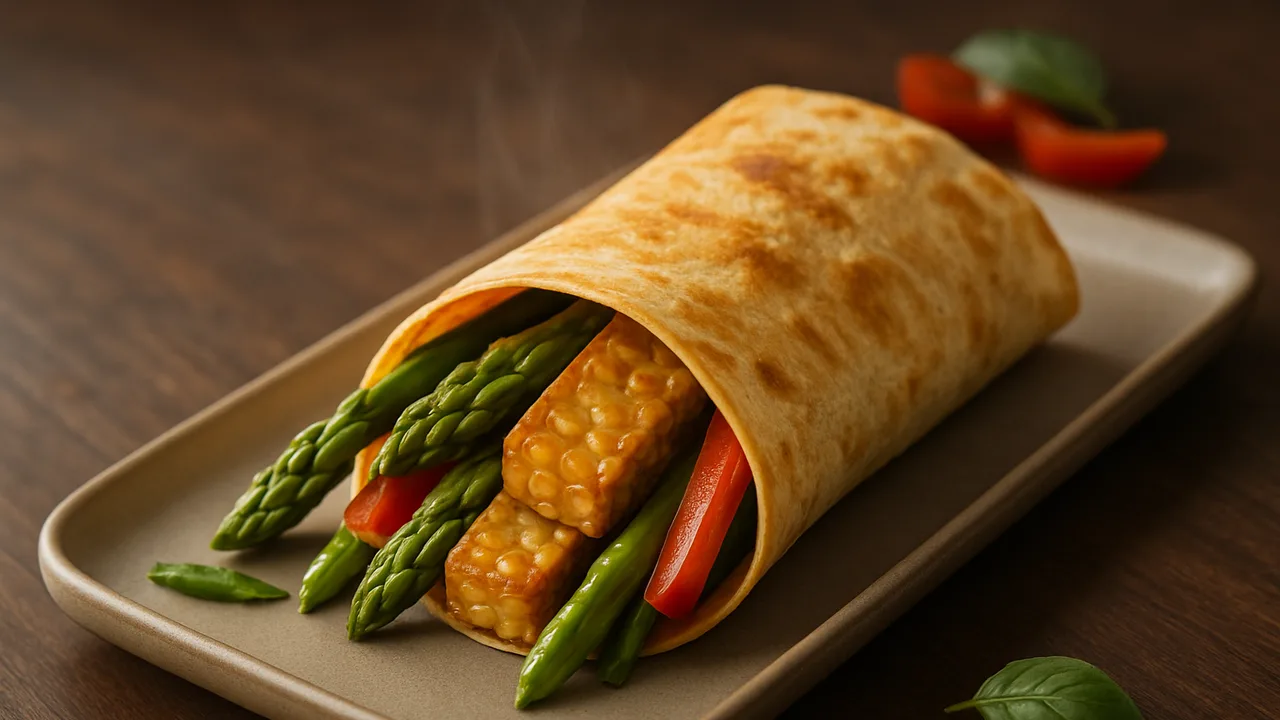 Tempeh Wrap mit Spargel und Tortilla aus dem Airfryer mit Tempeh und Grüner Spargel, auf dunklem Walnussholz angerichtet.