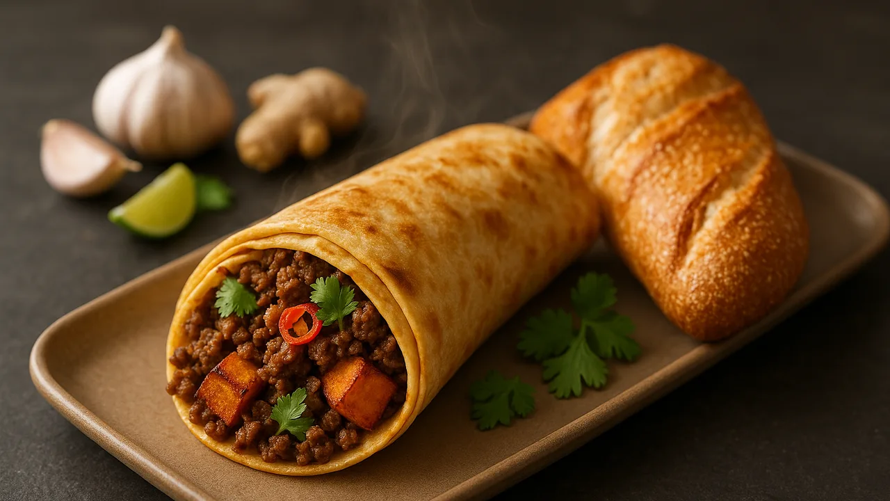 Thai Rinderhack Wrap mit Süßkartoffel und Baguette aus dem Airfryer mit Rinderhackfleisch und Knoblauchzehen, auf dunklem …