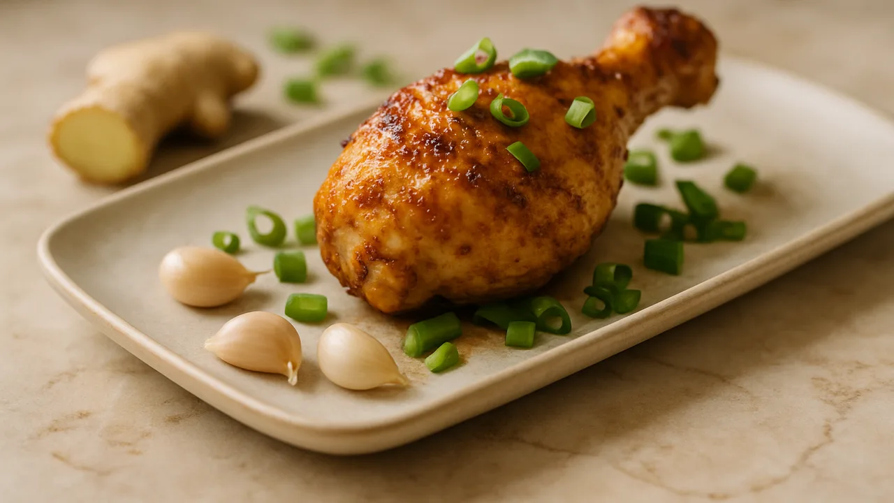 Thailändisch Hähnchenschenkel mit Frühlingszwiebel aus dem Airfryer mit Hähnchenschenkel und Knoblauchzehen, auf beigem …