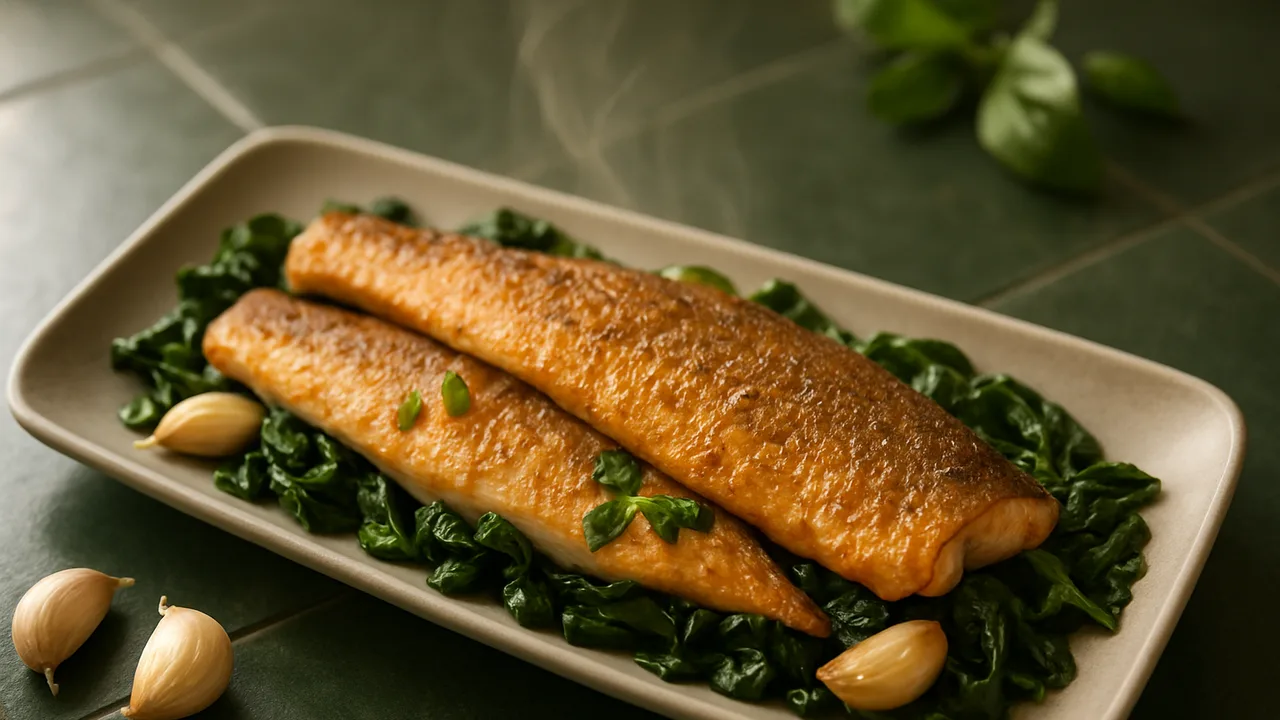 Thailändische Forelle mit Spinat aus dem Airfryer mit Forellenfilets und Blattspinat, auf dunkelgrünen Fliesen angerichtet.