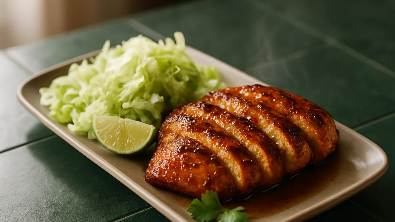 Thailändische Hähnchenbrust mit Eisbergsalat aus dem Airfryer mit Hähnchenbrustfilet und Sojasauce, auf dunkelgrünen …