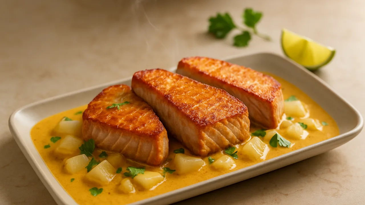 Thunfisch Curry mit Kohlrabi aus dem Airfryer mit Thunfischsteaks und Kohlrabi, auf beigem Marmor angerichtet.