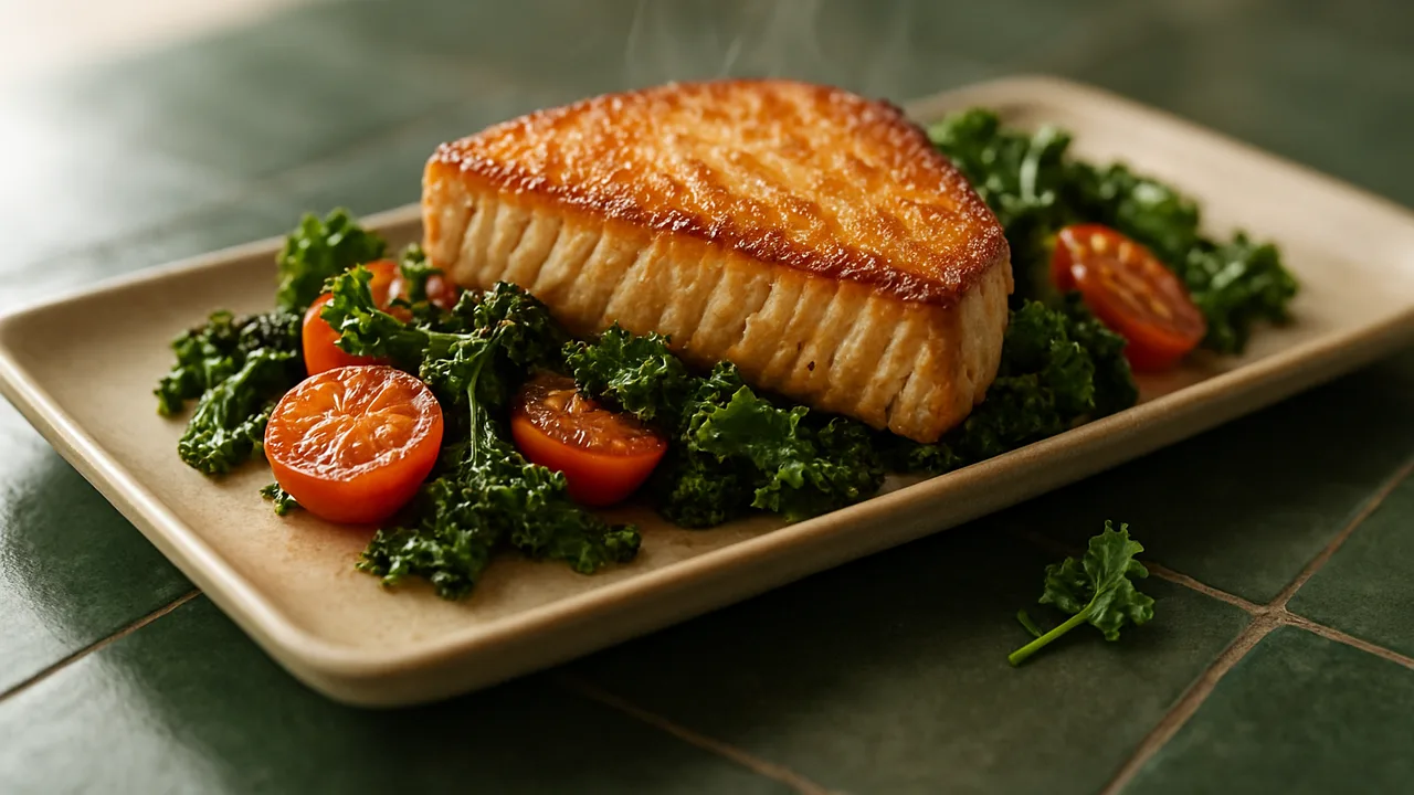 Thunfisch-Grünkohl-Pfanne aus dem Airfryer mit Thunfischsteak und Grünkohl, auf dunkelgrünen Fliesen angerichtet.
