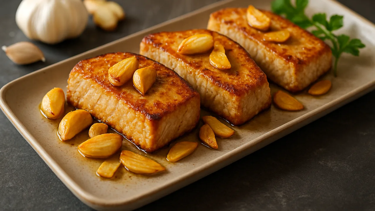 Thunfisch-Knoblauch-Pfanne aus dem Airfryer mit Thunfischsteaks und Knoblauchzehen, auf dunklem Schiefer angerichtet.