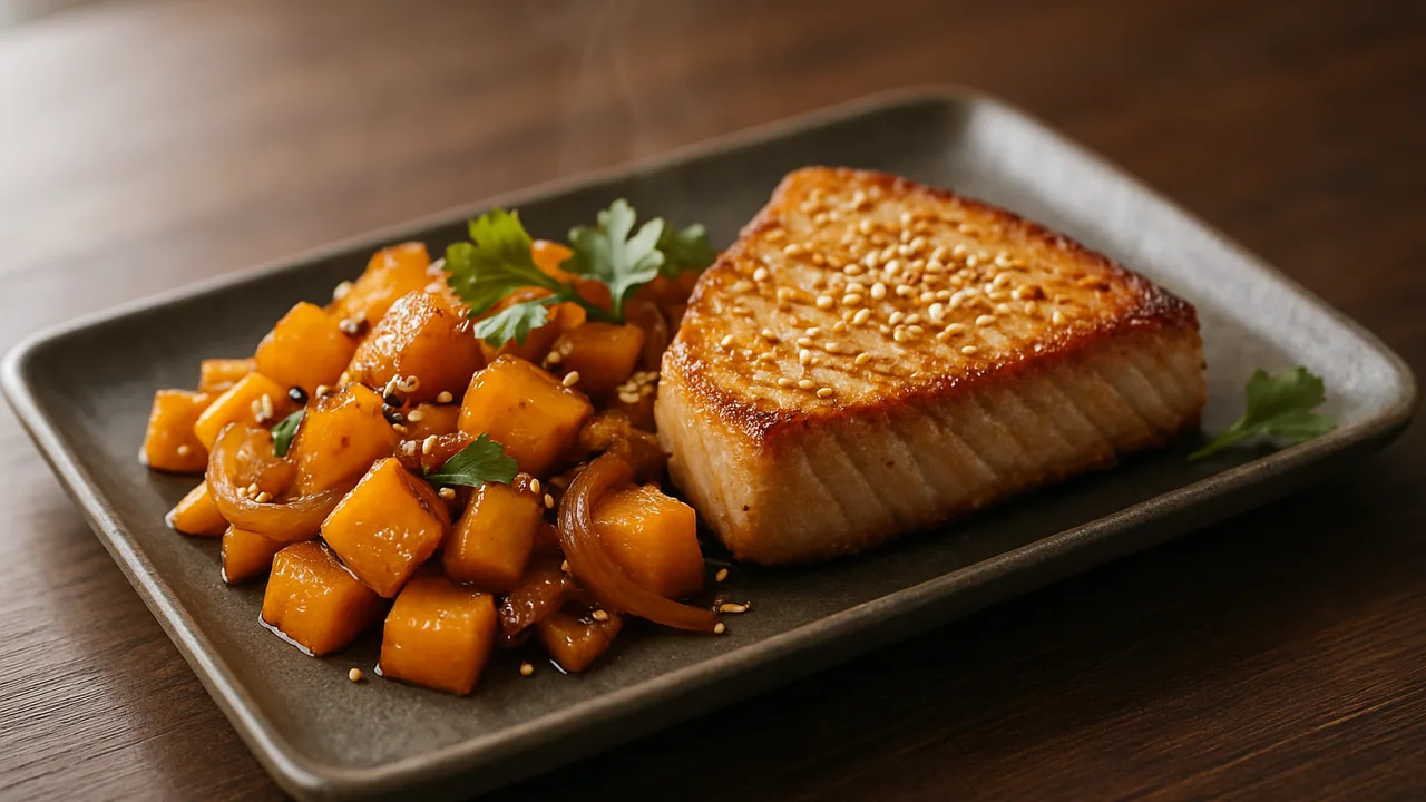 Thunfisch-Kürbis-Pfanne asiatisch aus dem Airfryer mit Thunfischsteak und Kürbis, auf dunklem Walnussholz angerichtet.