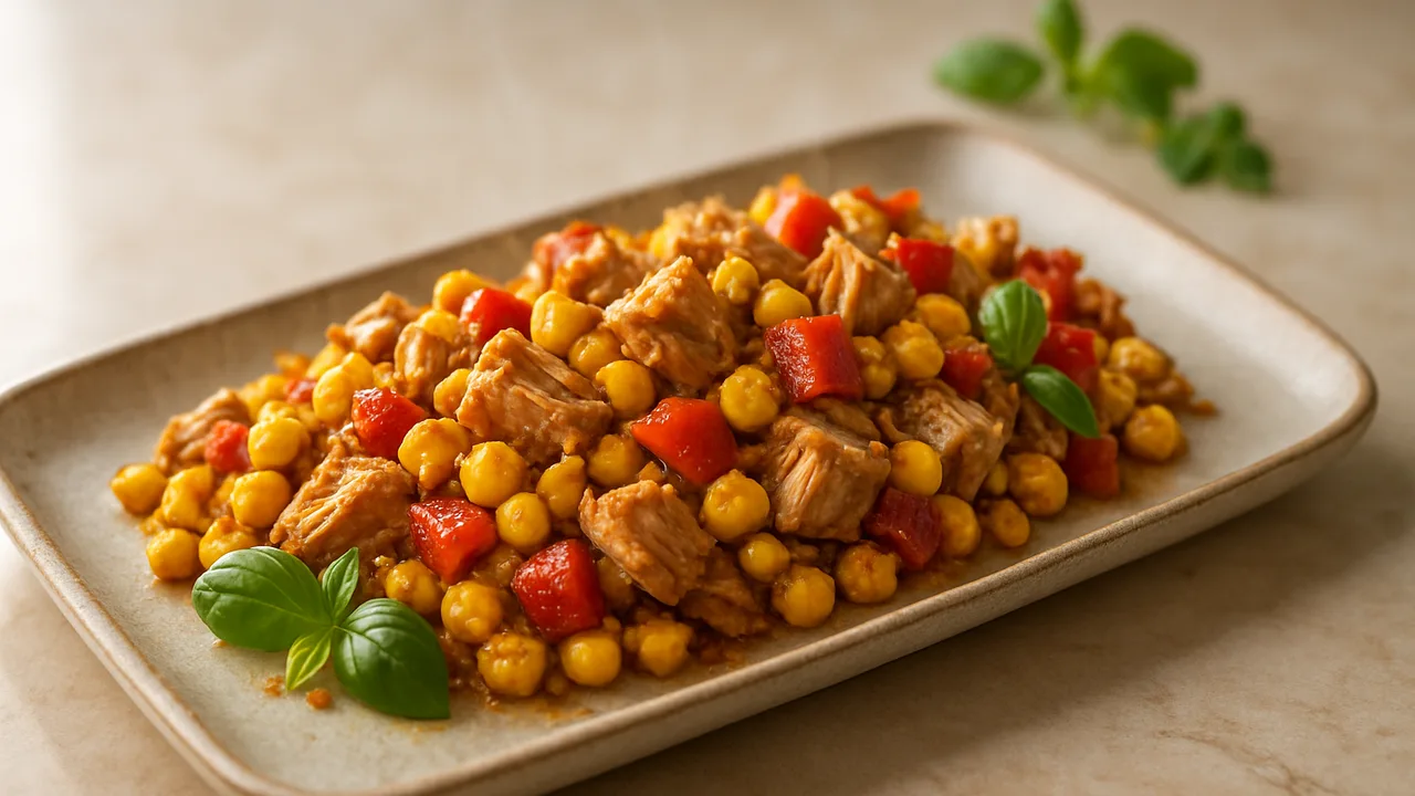 Thunfisch-Mais-Pfanne BBQ-Style aus dem Airfryer mit Thunfisch aus der Dose und Mais, auf beigem Marmor angerichtet.