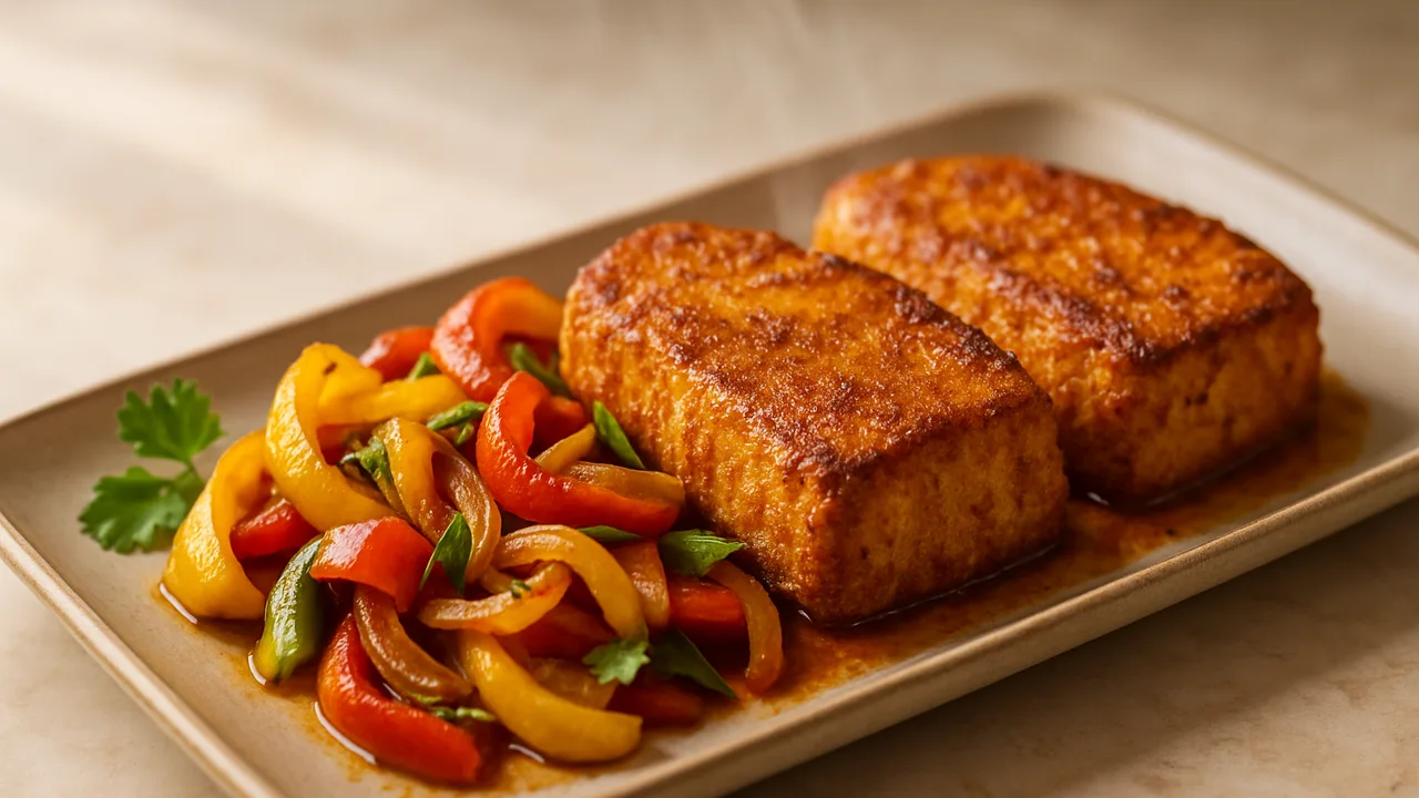 Thunfisch-Paprika-Pfanne indisch aus dem Airfryer mit Thunfischsteaks und Paprika, auf beigem Marmor angerichtet.