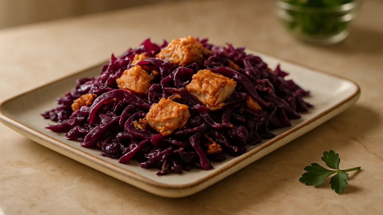 Thunfisch-Rotkohl-Pfanne aus dem Airfryer mit Thunfisch aus der Dose und Rotkohl, auf beigem Marmor angerichtet.