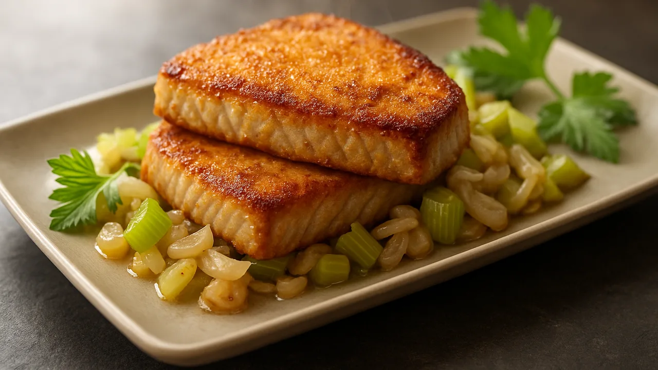Sommerlich Thunfisch mit Sellerie aus dem Airfryer mit Thunfischsteaks und Staudensellerie, auf dunklem Schiefer angerichtet.