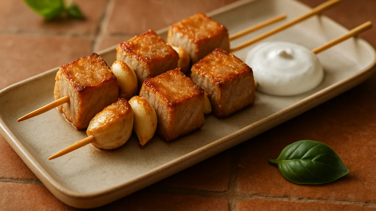 Thunfisch-Spieße mit Knoblauch aus dem Airfryer mit Thunfischsteak und Knoblauchzehen, auf Terracotta-Fliesen angerichtet.